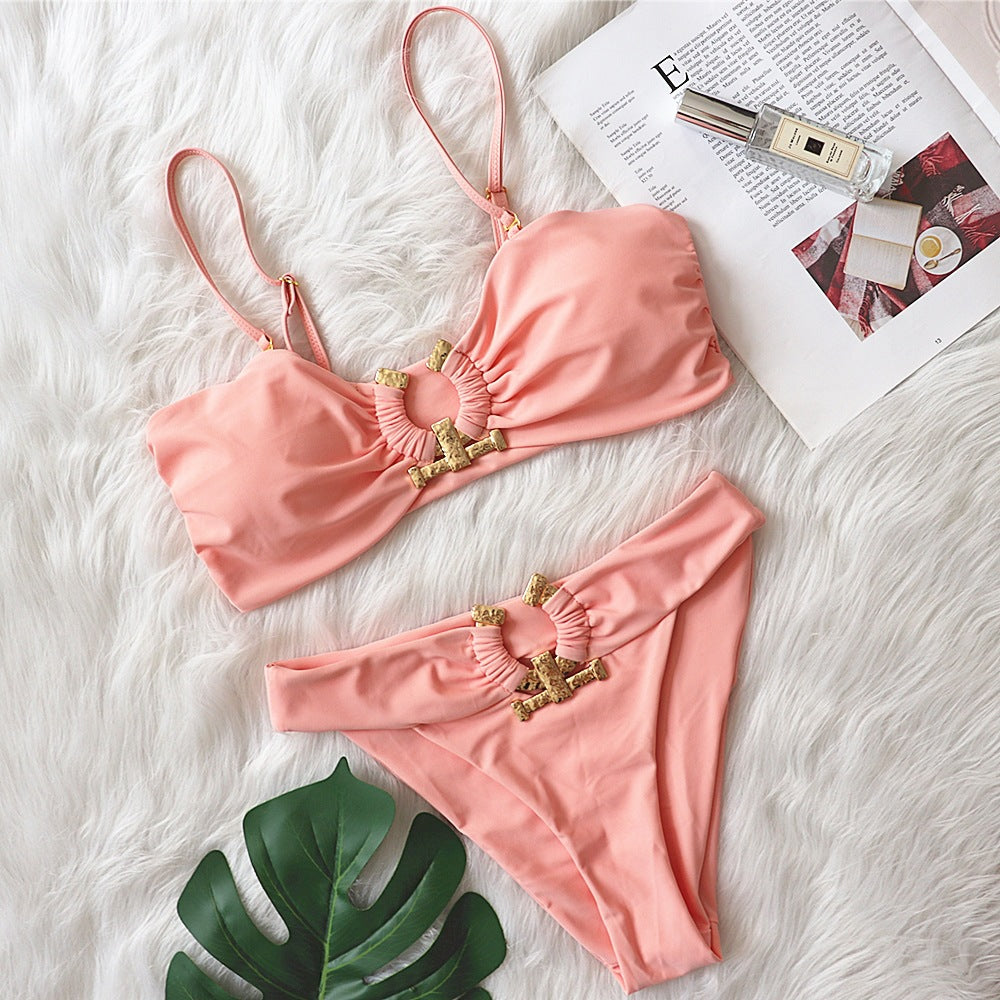 Solid Color Tube Top High Waist Swimsuit With Metal Accessories - Zalixer