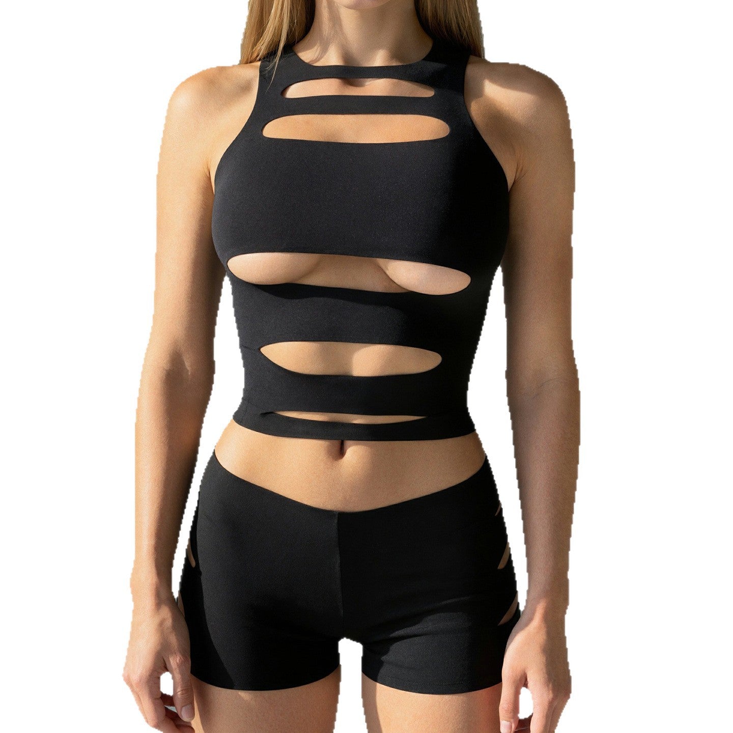 Womens Fashionable Sexy Hollow-Out Tank Top And Shorts Set - Zalixer