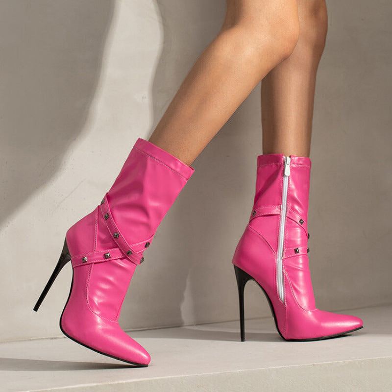 Womens European-style Mid-calf Boots With Slender High Heels - Zalixer