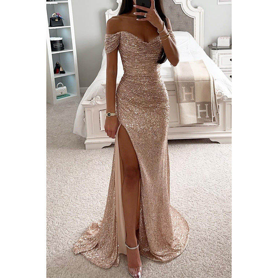 Party Sequins Off-neck Split Dress INS Casual Fashion Dress Women Charming Slimming Dress For Women - Zalixer