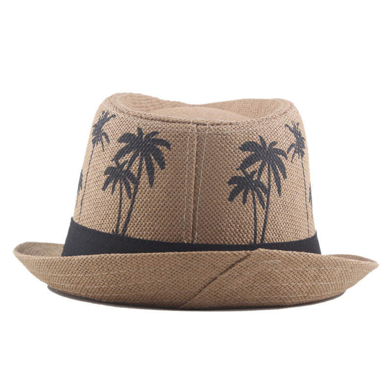 Palm Print Coconut Pattern Curled Straw Hat - Zalixer