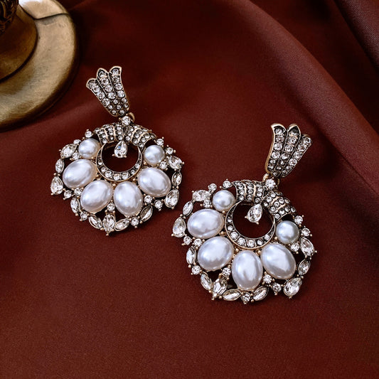 Womens Round Pearl Earrings With Silver Needle And Diamond Inlay - Zalixer