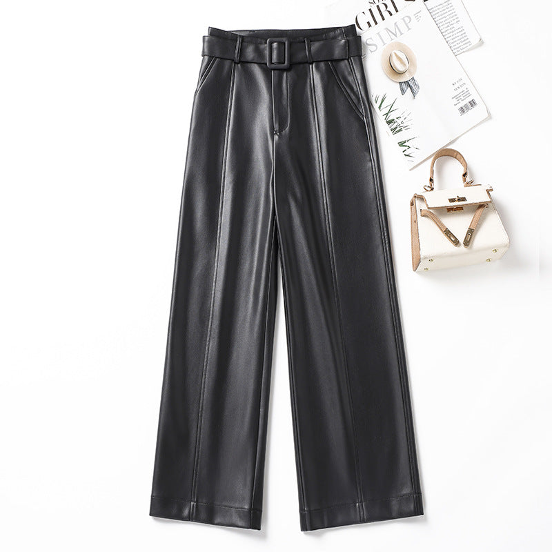 Womens Straight-Leg Leather Pants High-Waisted Fashionable Wide-Leg Pants - Zalixer