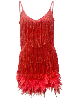 Sexy Tassel Sequins Feather Summer Mini Dress Women V Neck Spaghetti Strap Stitching Dresses Female Elegant Evening Party Club Dress - Zalixer