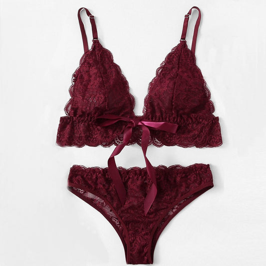 Solid Color Lace Embroidered Bikini Women's Bra Panties - Zalixer