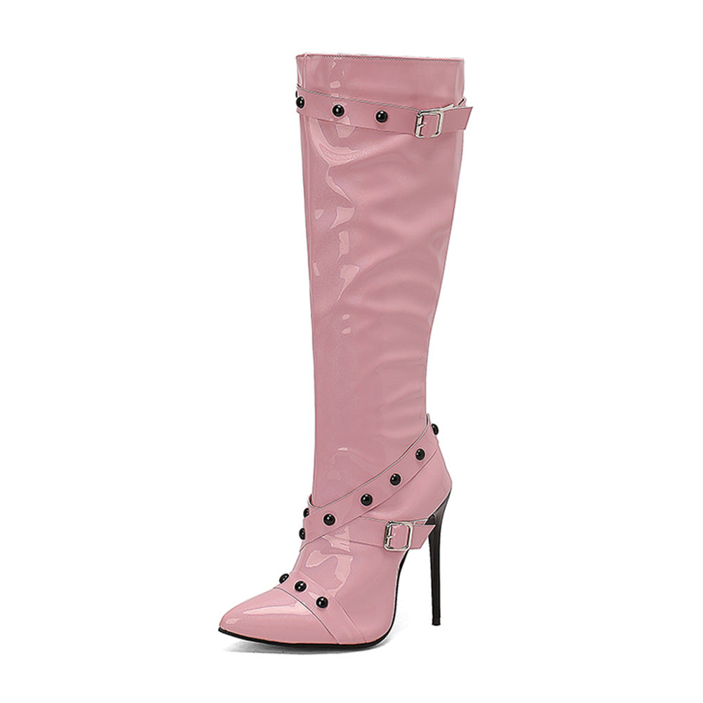 Womens Stiletto Heel Rivet Long Boots - Zalixer