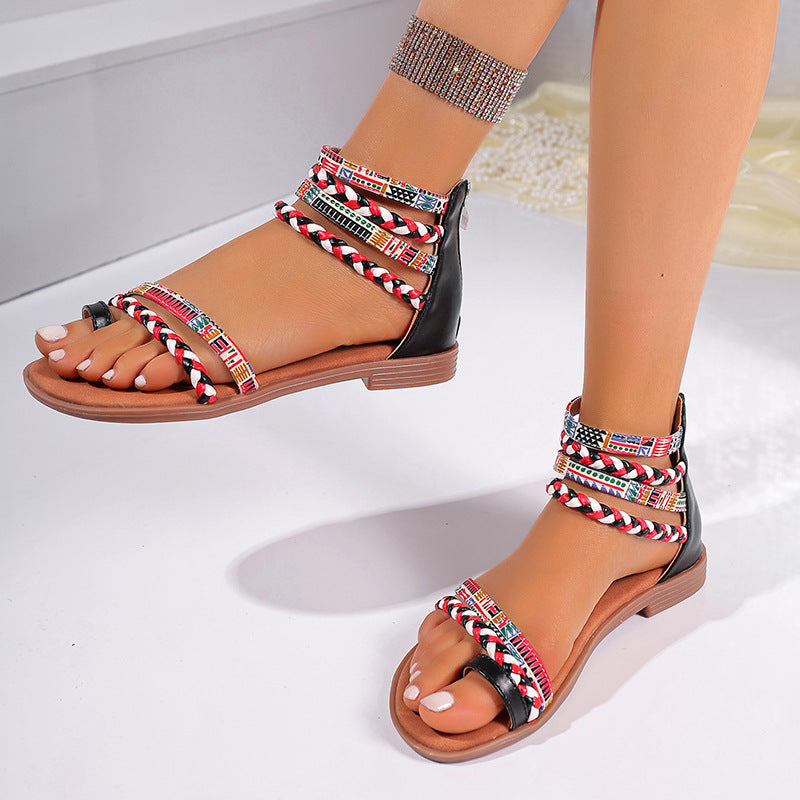 Ethnic Style Flat Sandals Summer Clip Toe Colorful Weave-straped Shoes With Back Zipper Women's Bohemian Beach Shoes