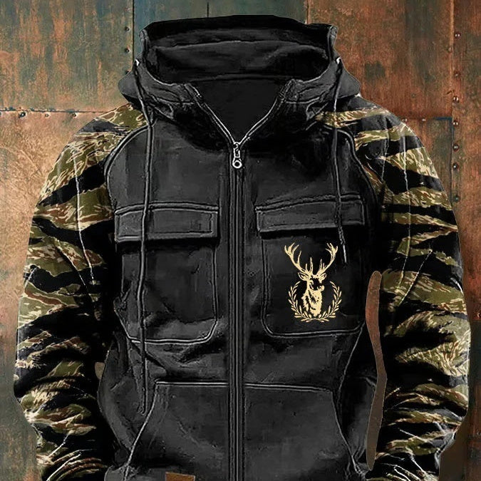 Mens Multi-Pocket Cargo Hoodie With Zippers And Color-Block Design