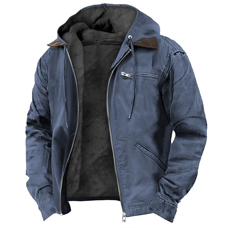 Winter Hooded Coat With Pockets Warm Fleece Men's Casual Outerwear Zip-up Jacket