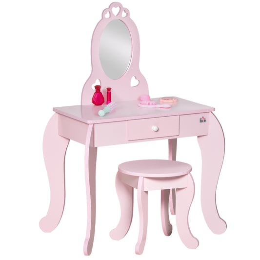 Kids Vanity Table & Stool Girls Dressing Set Make Up Desk Chair Dresser Play Set With Mirror Pink - Zalixer