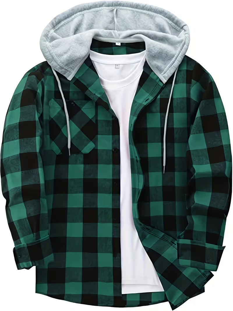 New Mens Long-sleeve Plaid Hoodie Shirt