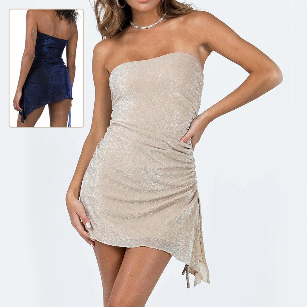 Ins Tube Top Dress With Drawstring Design Summer Backless Dresses For Women Party Club Clothing - Zalixer