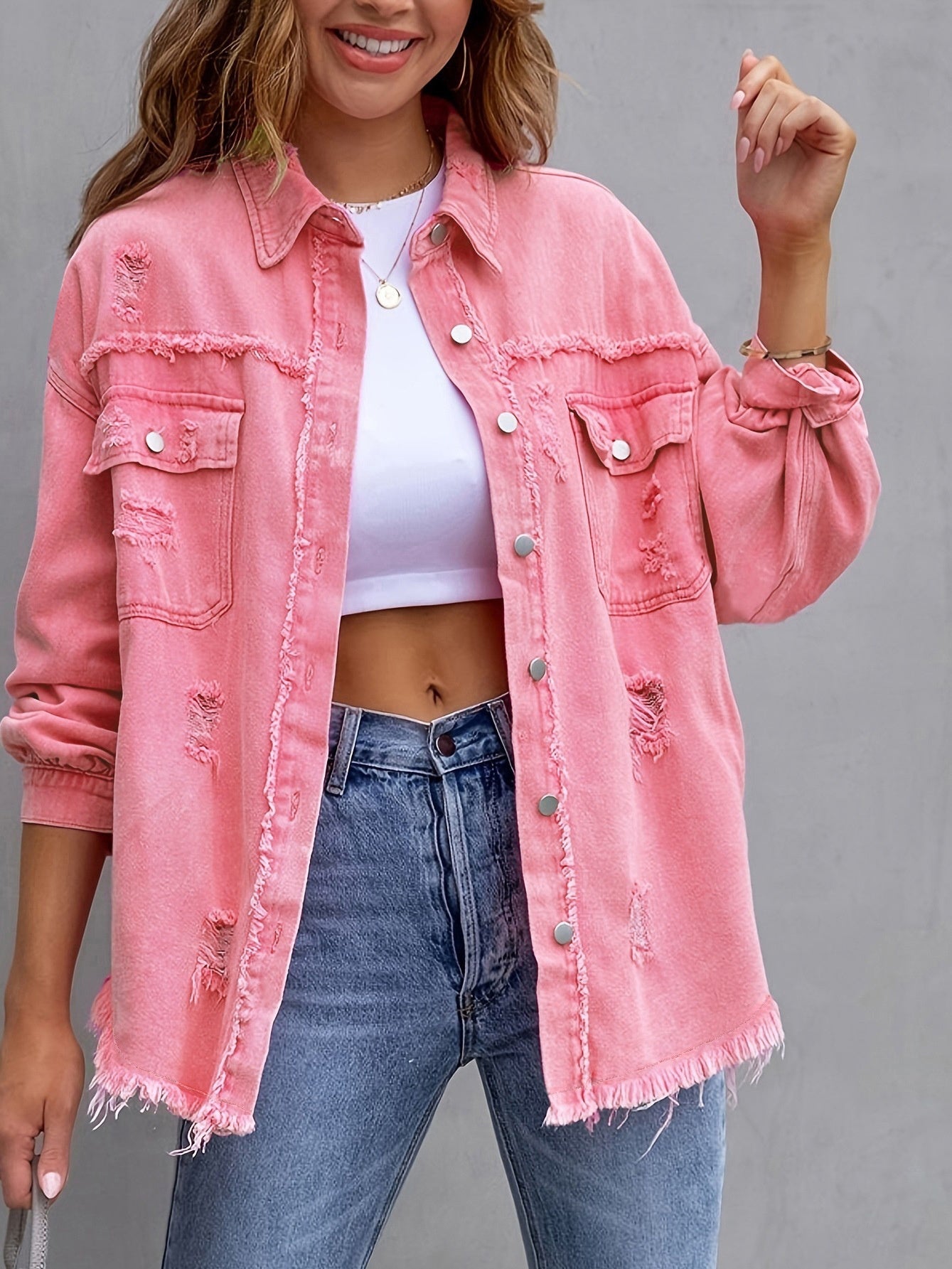 Fashion Ripped Shirt Jacket Female Autumn And Spring Casual Tops Womens Clothing - Zalixer