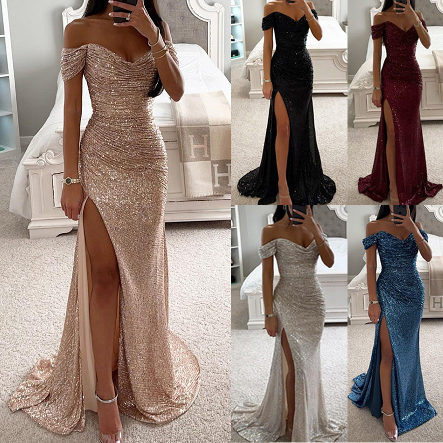Party Sequins Off-neck Split Dress INS Casual Fashion Dress Women Charming Slimming Dress For Women - Zalixer