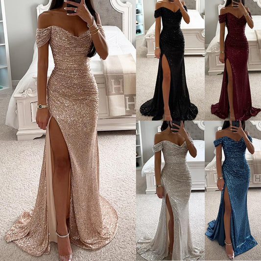 Party Sequins Off-neck Split Dress INS Casual Fashion Dress Women Charming Slimming Dress For Women - Zalixer