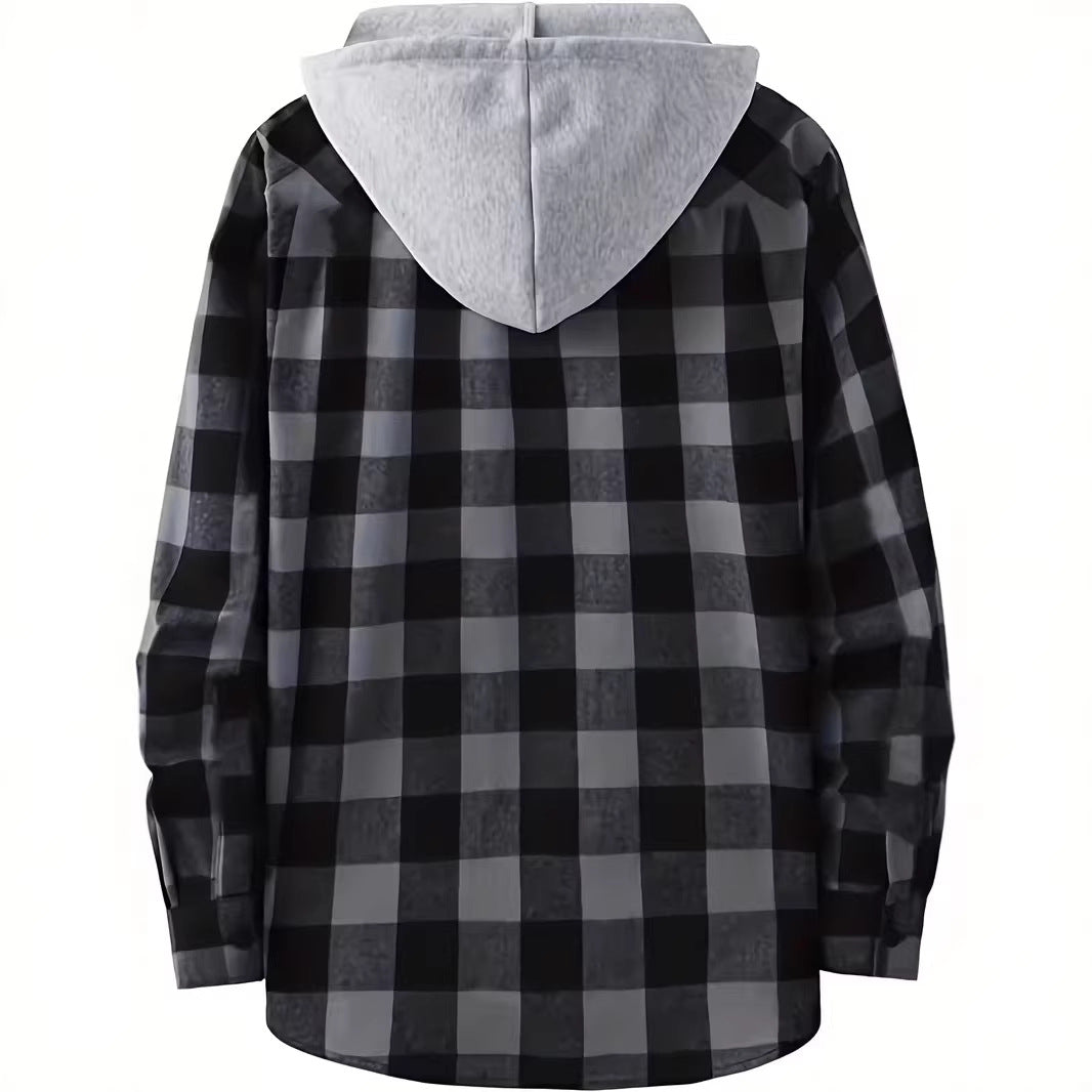 New Mens Long-sleeve Plaid Hoodie Shirt