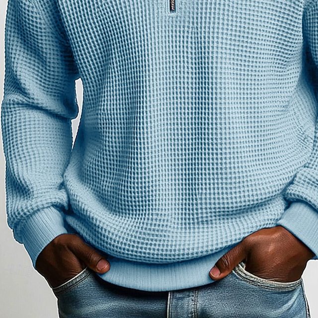 Men's Solid-Color Waffle-Weave Long-Sleeve Lapel Zip-Up Business Polo Shirt Spring Fall Zipper T-shirts Tops For Daily Wear