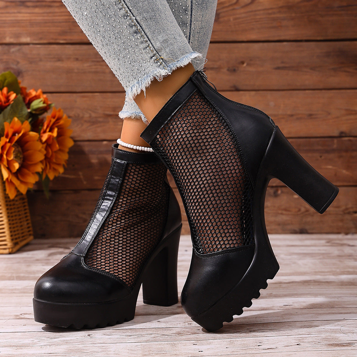 Womens Mesh Chunky Heel Fashion Ankle Boots With Back Zip - Zalixer