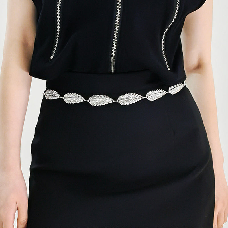Metallic Silver Women's Waist Chain Feather Leaves Everything Dress Shirt Chain Simple Accessories - Zalixer