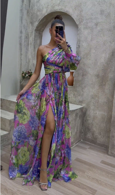 Floral Print Split Maxi Dress Fashion Sexy One-Shoulder Long-Sleeved Dresses Summer Beach Clothing For Women - Zalixer