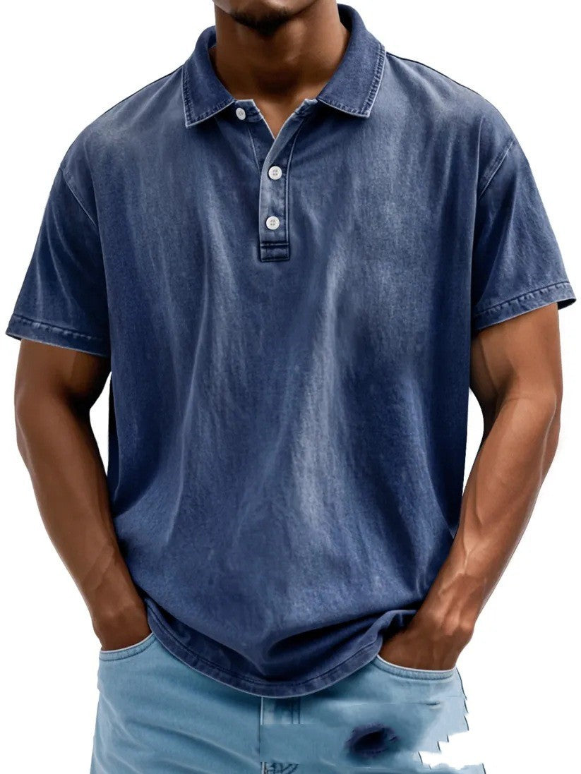 Men's Fashion Retro Washed Distressed Cotton Lapel Short Sleeve