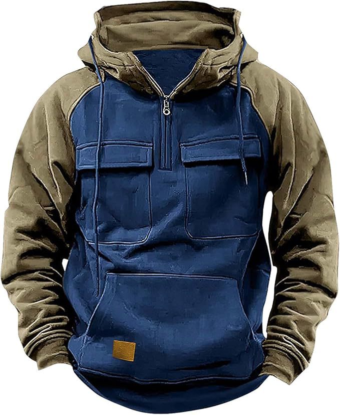 Fall Winter Retro Cargo Men's Half Zipper Multi Pockets Solid Warm Fleece Hoodie Sweatshirts - Zalixer