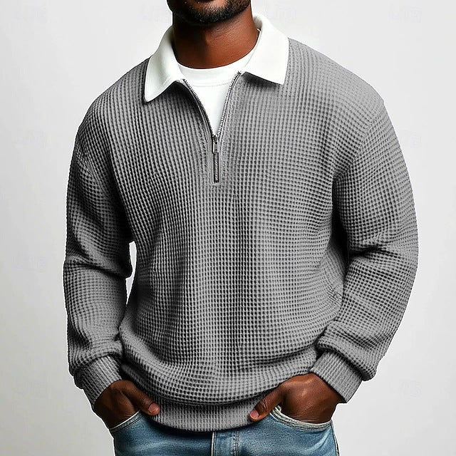 Men's Solid-Color Waffle-Weave Long-Sleeve Lapel Zip-Up Business Polo Shirt Spring Fall Zipper T-shirts Tops For Daily Wear