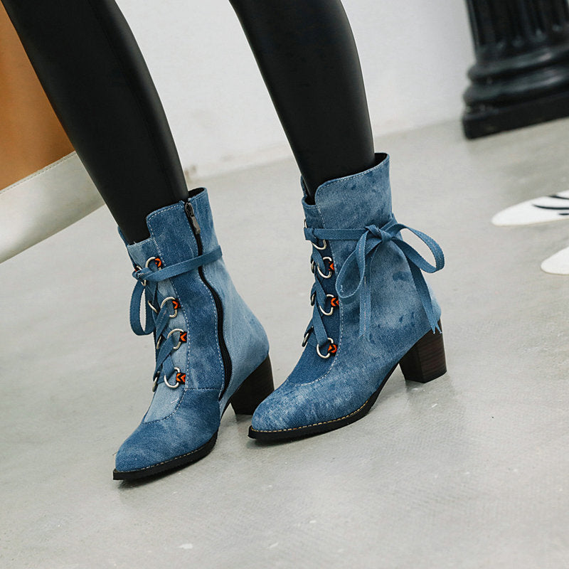 Womens Denim Winter Boots New Korean-Style Lace-Up Design - Zalixer