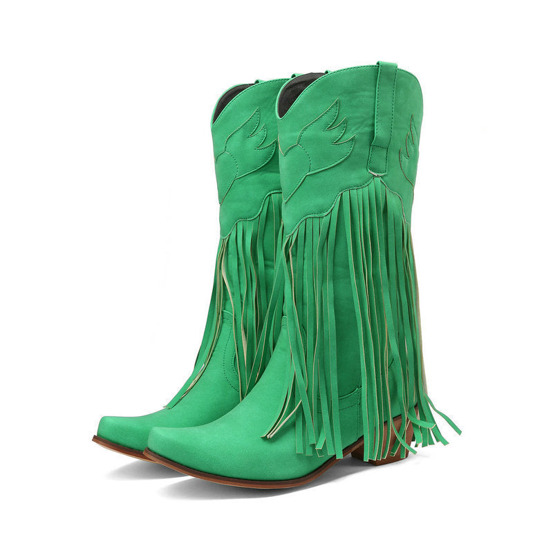 Womens Retro Mid-Calf Chunky Heel Round-Toe Boots - Zalixer