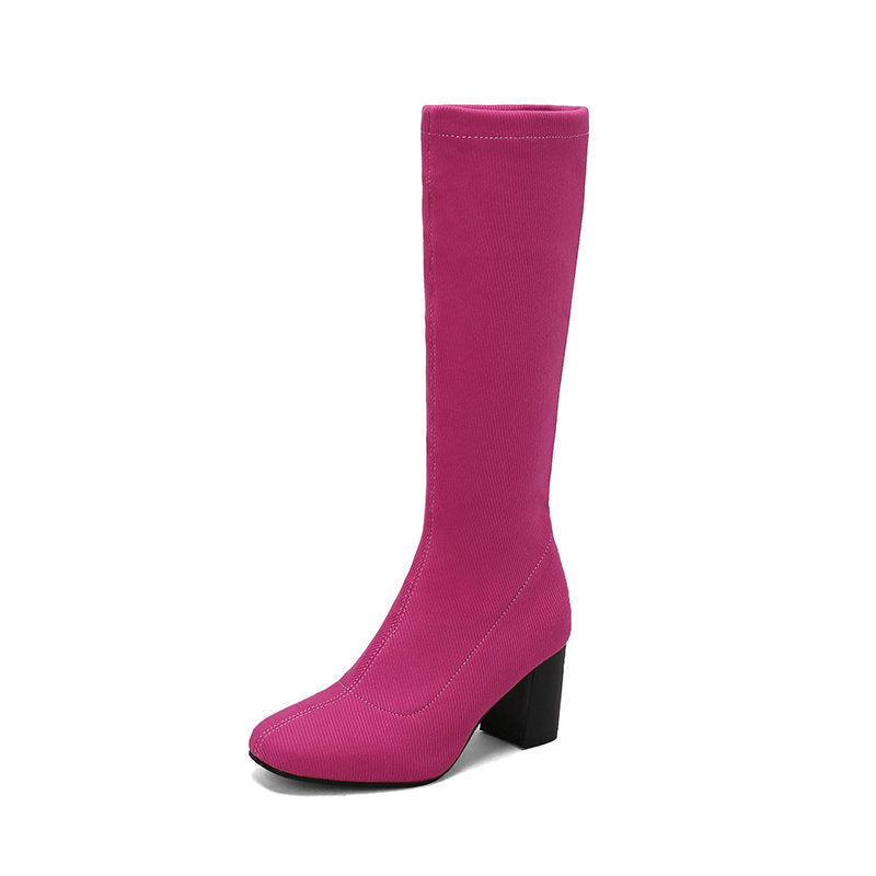 Womens Stretchy Chunky Heel Over-the-Knee Boots - Zalixer