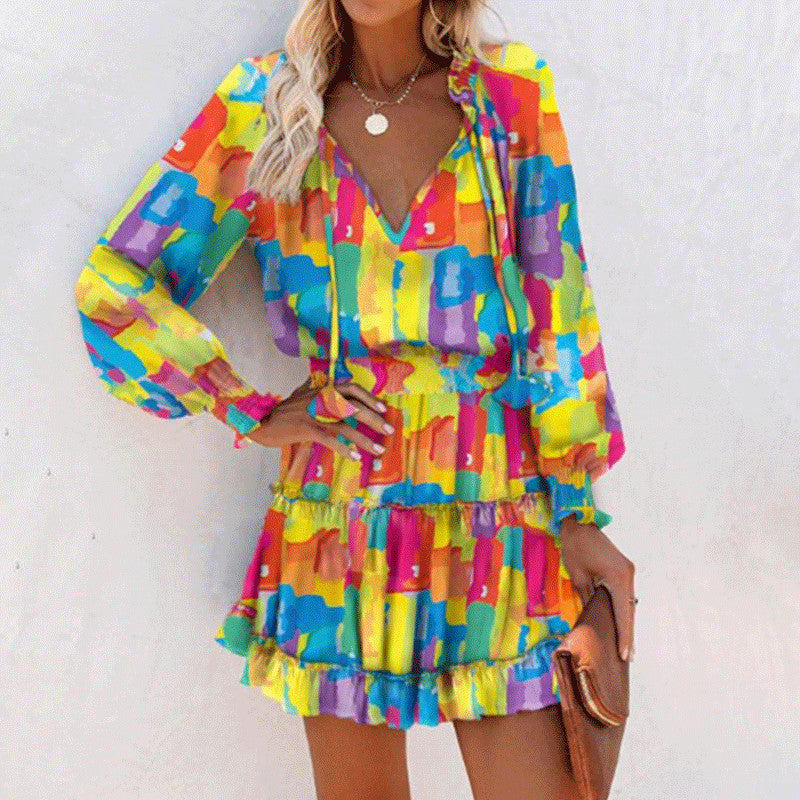 Flowers Print Long Sleeve Dress Fashion Patchwork Puff Sleeve Waist Dresses Women's Clothing - Zalixer