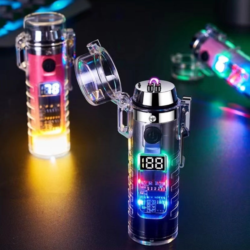 Transparent Shell Dual Arc USB Charging Lighter Outdoor Waterproof LED Colorful Light Power Display Illumination Light Gadget