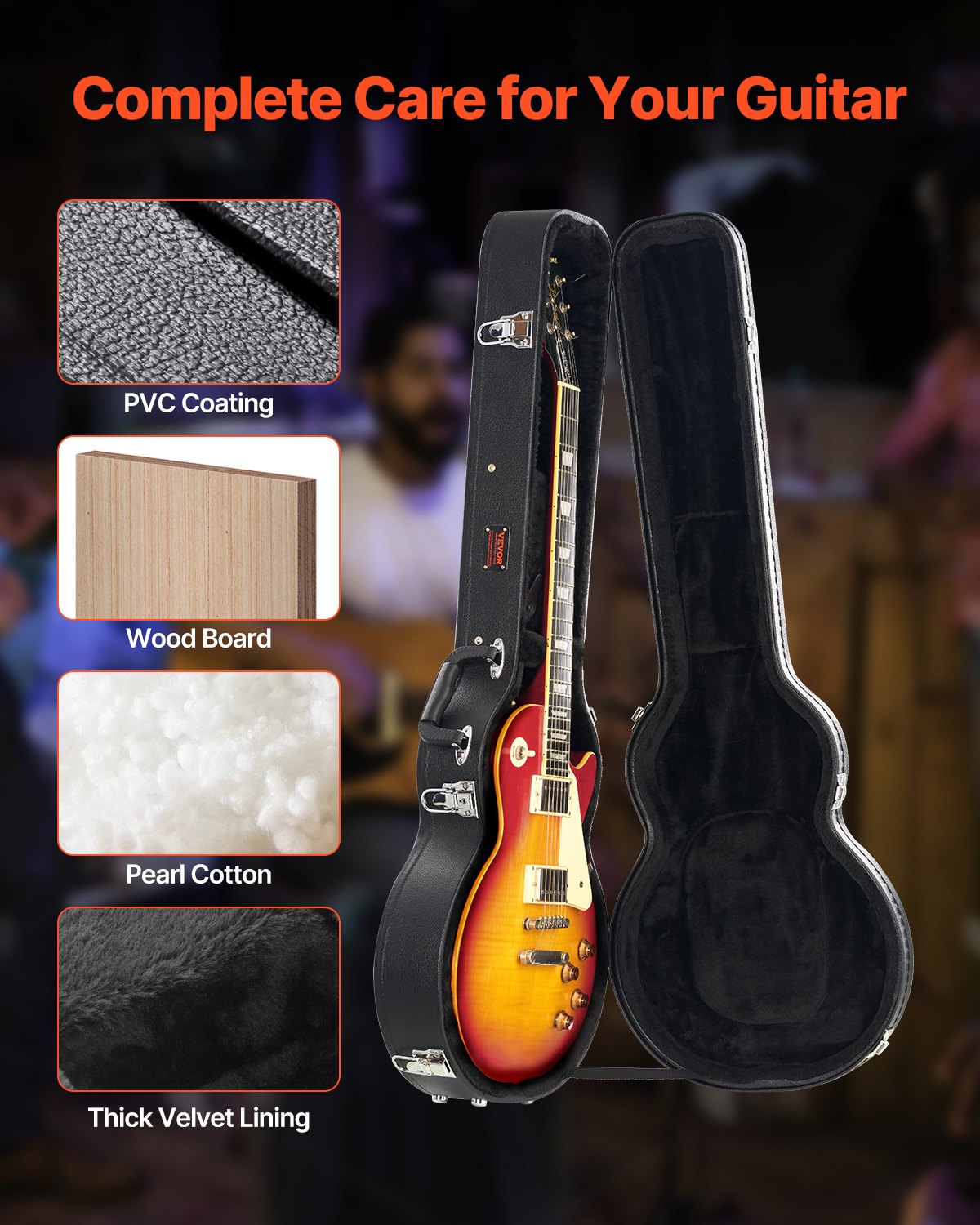 Electric Guitar Hard Case, 41.34 In Gourd-Shaped Guitar Hard Case, With Lock Latch Keys Handle, PVC Padding Soft Lining Water-Resistant Hard Shell Guitar Case, For 39 In LES Paul Guitars, Black - Zalixer