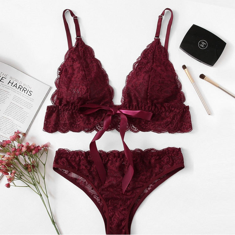 Solid Color Lace Embroidered Bikini Women's Bra Panties - Zalixer