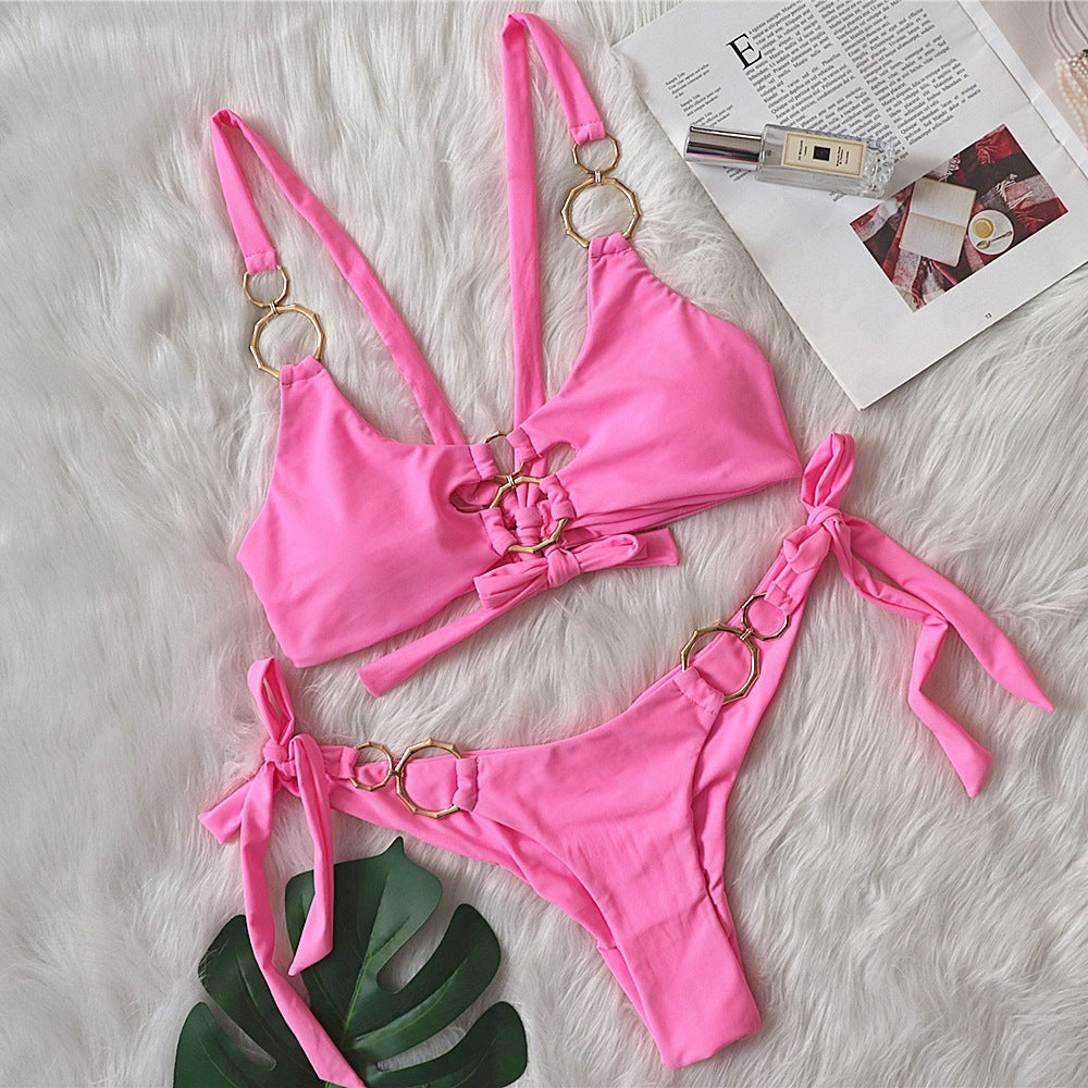 Solid Color Bandage Female Split Swimsuit Hollow Metal Accessories