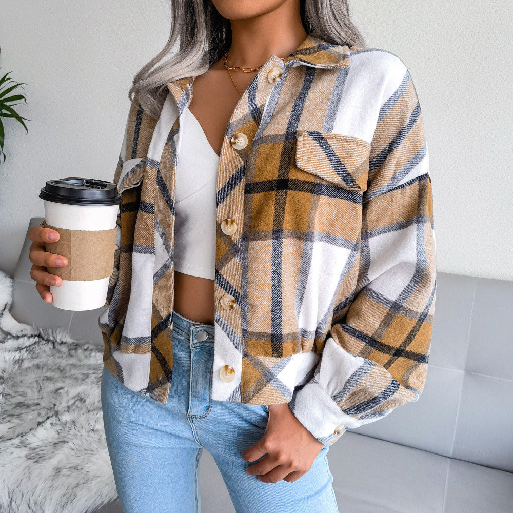 Plaid Lapel Cropped Jacket Fashion Loose Button Long Sleeve Short Outwear Tops Coat For Womens Clothing - Zalixer