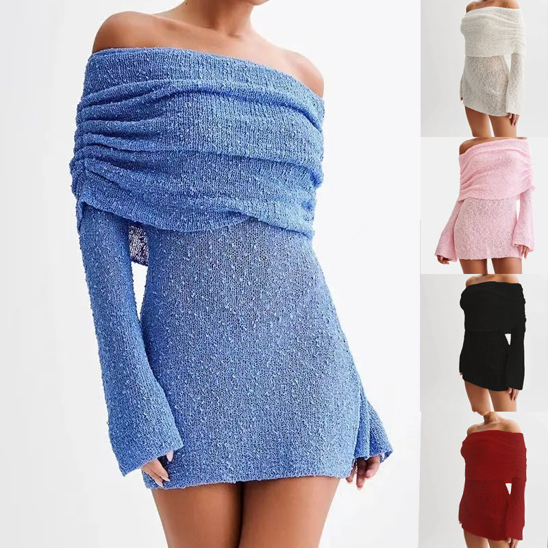 Women's Spring Summer Knitted Dress Elegant Party Boat Neck Dress Infant Off Shoulder Bodycon Long Sleeve Fuzzy Short Club Chic Mini Dress - Zalixer