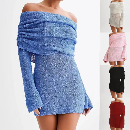 Women's Spring Summer Knitted Dress Elegant Party Boat Neck Dress Infant Off Shoulder Bodycon Long Sleeve Fuzzy Short Club Chic Mini Dress - Zalixer