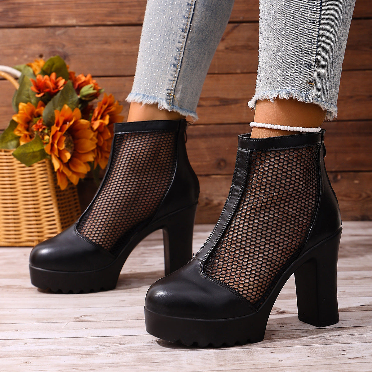 Womens Mesh Chunky Heel Fashion Ankle Boots With Back Zip - Zalixer