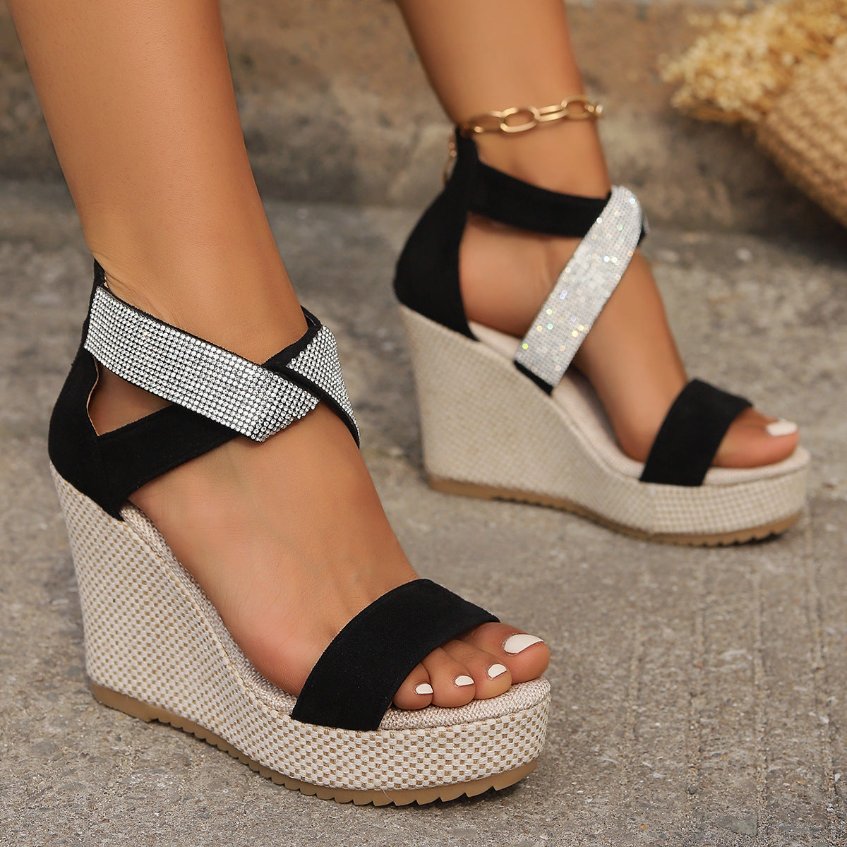 Fish Mouth High Wedges Sandals With Rhinestone Design Fashion Summer Platform Shoes For Women - Zalixer