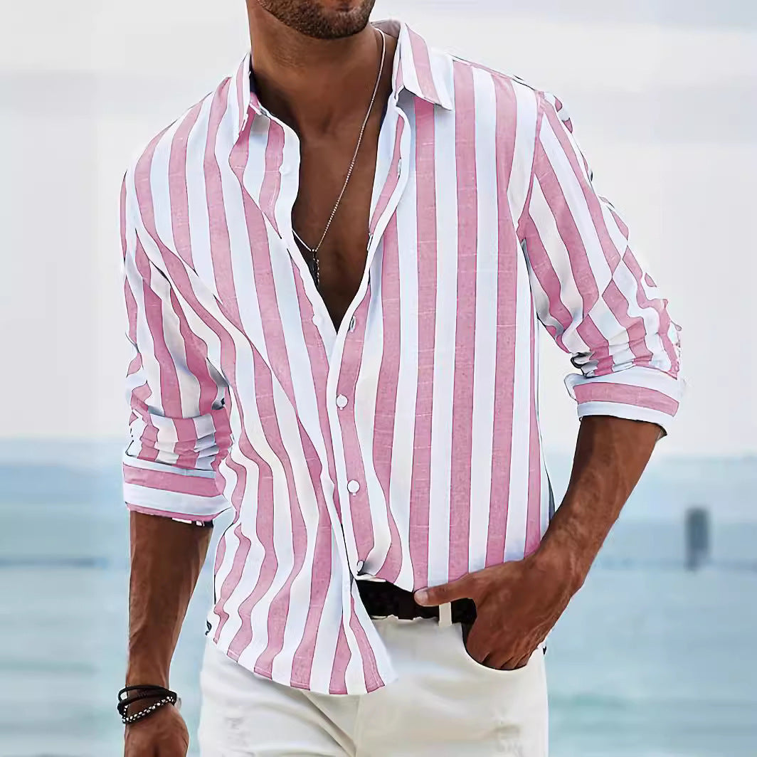 Men's Striped Print Casual Loose Long-Sleeved Shirt - Zalixer