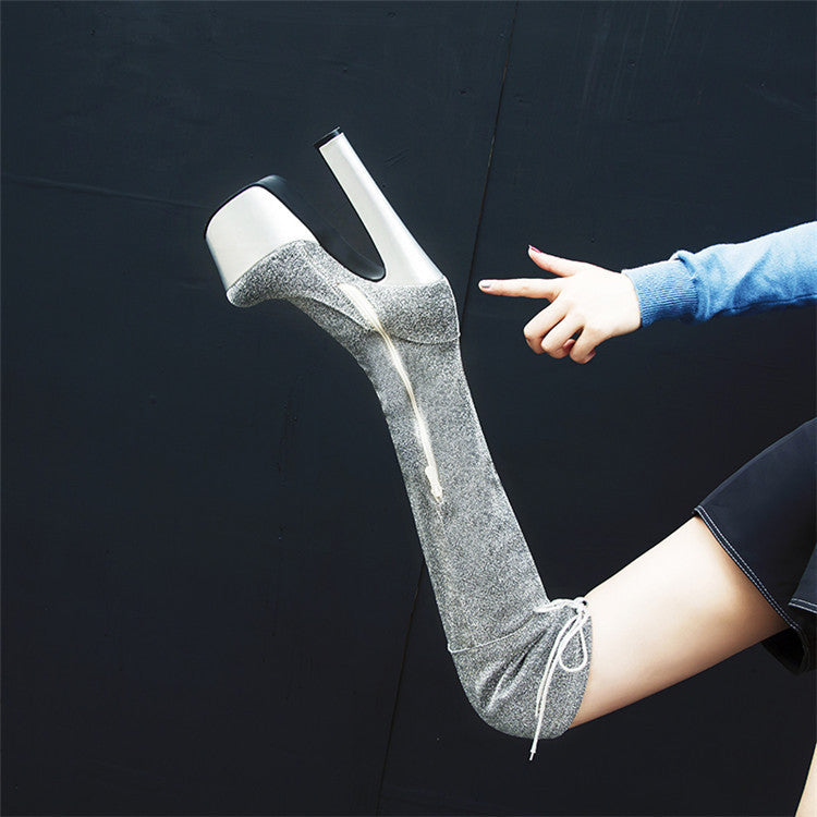 Womens Thigh Bling Sequined Cloth Platforms High Heels Long Boots - Zalixer