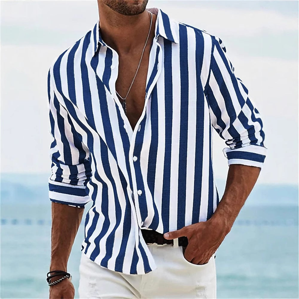 Men's Striped Print Casual Loose Long-Sleeved Shirt - Zalixer