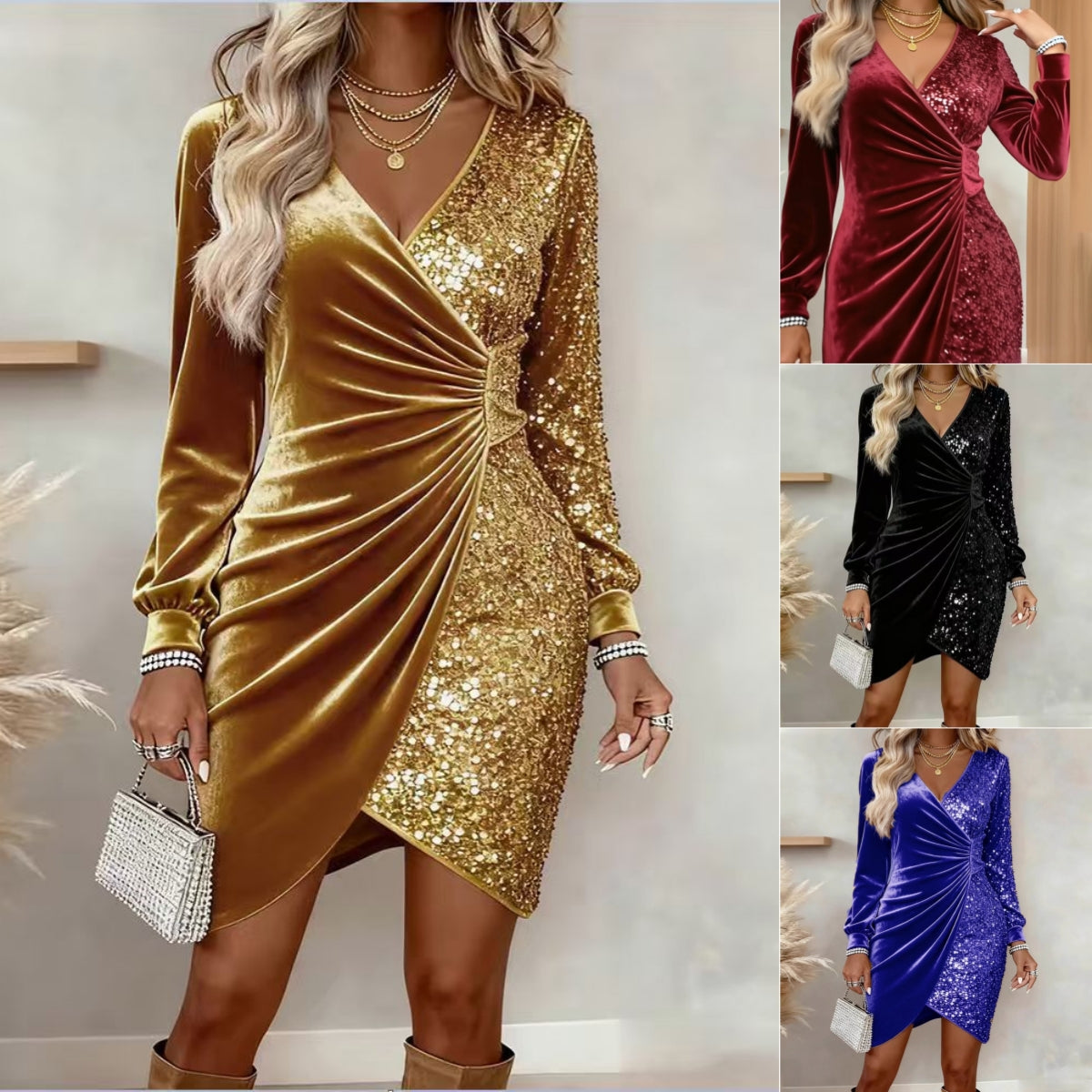 Elegant Sequins Design Long Sleeve Party Dress Women Sexy V Neck Bodycon Dresses For Women Evening Dress Christmas Clothes - Zalixer