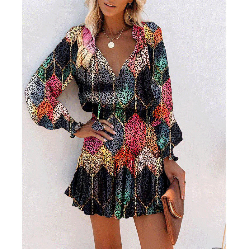 Flowers Print Long Sleeve Dress Fashion Patchwork Puff Sleeve Waist Dresses Women's Clothing - Zalixer