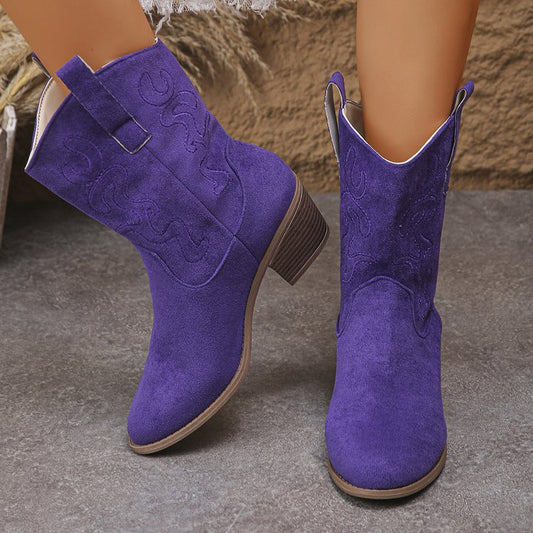 Pointed Toe Western Boots Fashion Retro Embroidered Chunky Square-heeled Mid-calf Boot For Women - Zalixer