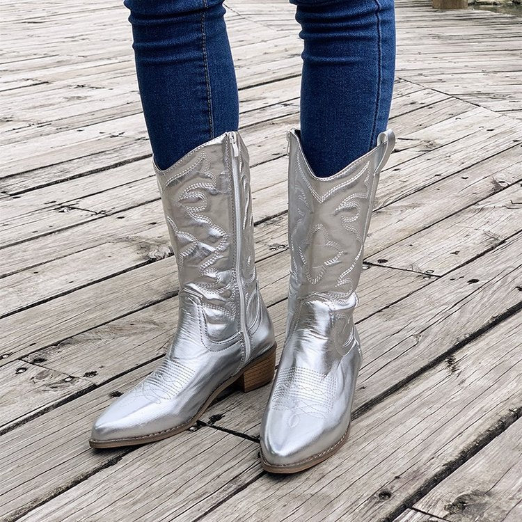 Chunky Heel Pointed Toe Western Boots Fashion Mid-tube Solid Knight Boot Autumn And Winter Shoes For Women - Zalixer