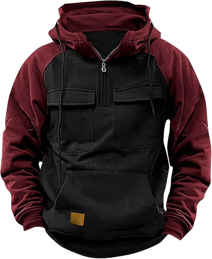 Fall Winter Retro Cargo Men's Half Zipper Multi Pockets Solid Warm Fleece Hoodie Sweatshirts - Zalixer