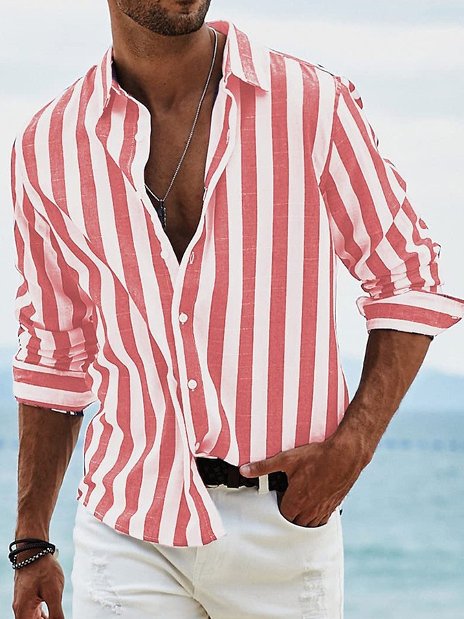 Men's Striped Print Casual Loose Long-Sleeved Shirt - Zalixer