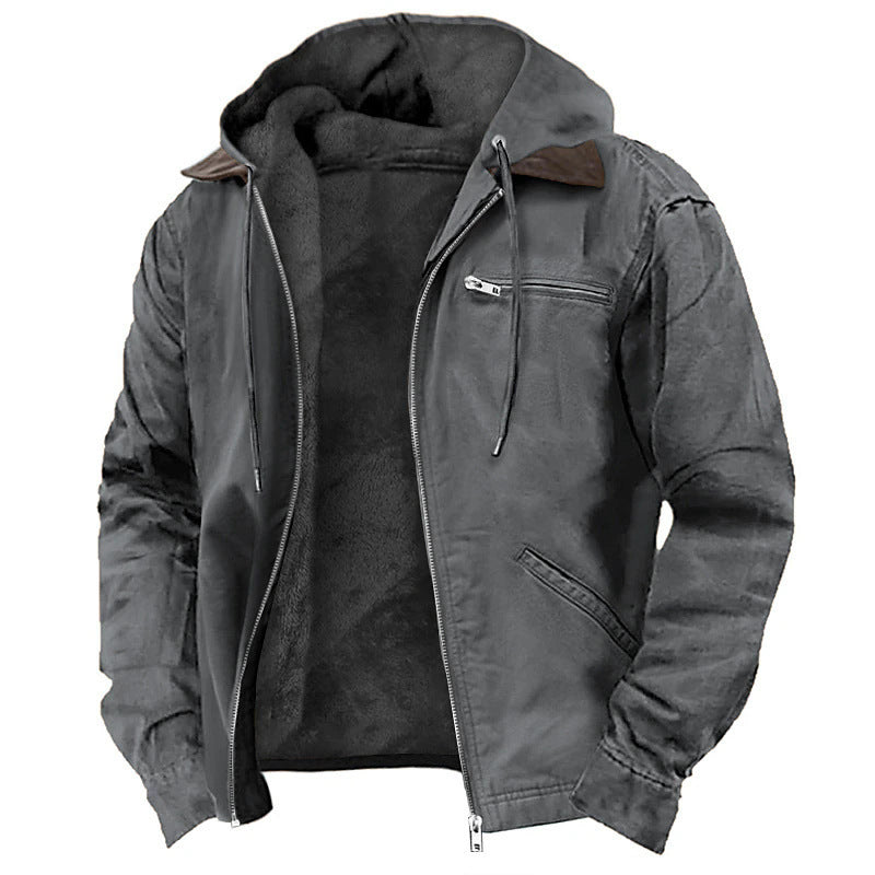 Winter Hooded Coat With Pockets Warm Fleece Men's Casual Outerwear Zip-up Jacket